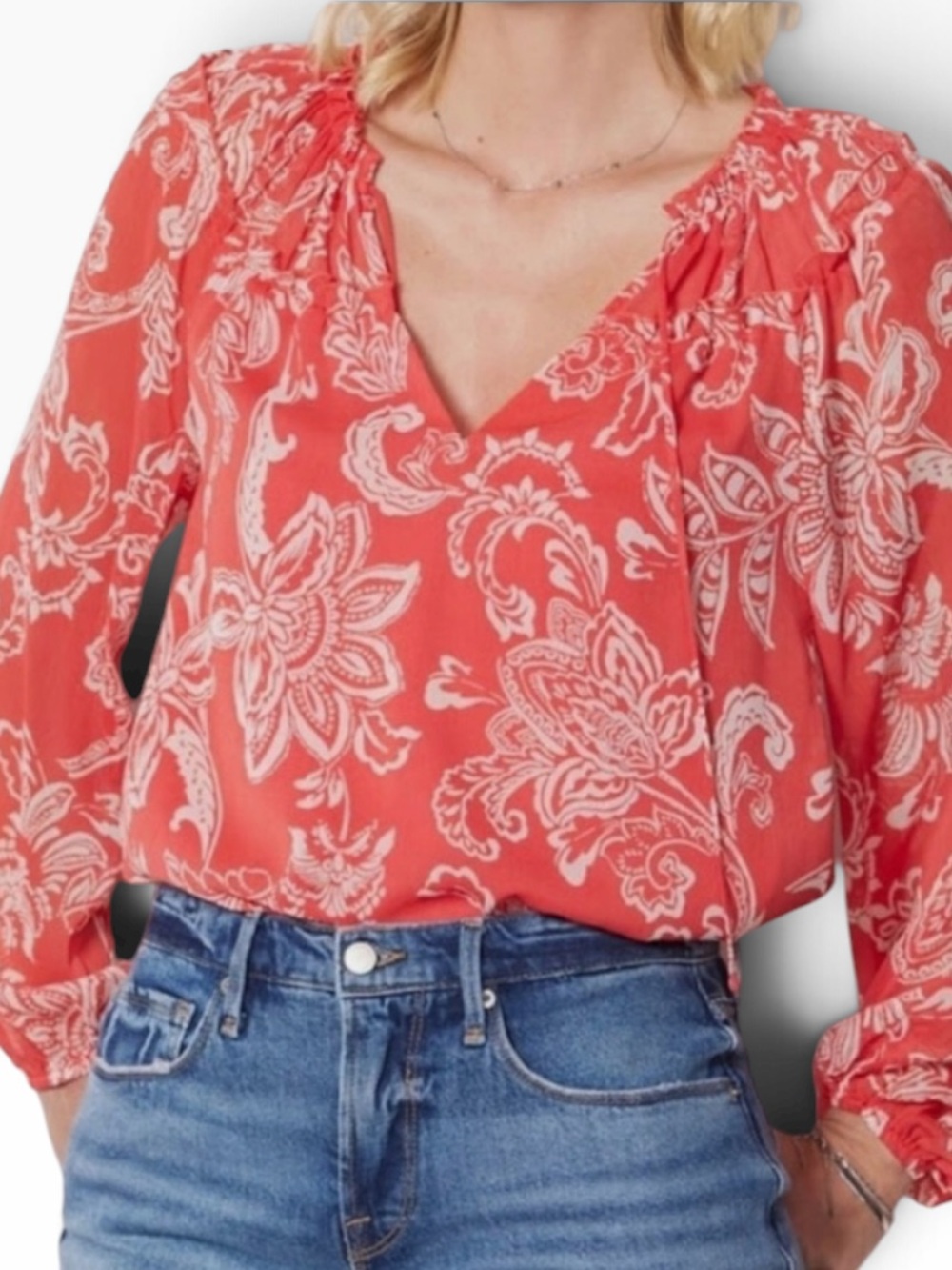 Evereve "Hayden" Coral Chiffon Floral V-Neck Long Sleeve Blouse S